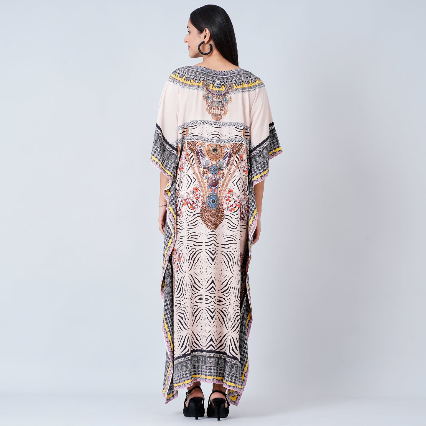 Grey Zebra Print Embellished Silk Full Length Kaftan