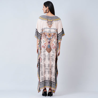 Grey Zebra Print Embellished Silk Full Length Kaftan