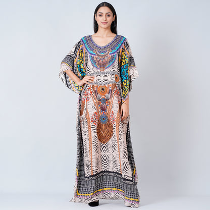 Beige and Black Zebra Animal Print Embellished Silk Full Length Kaftan