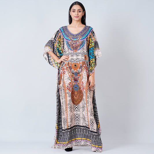 Beige and Black Zebra Animal Print Embellished Silk Full Length Kaftan