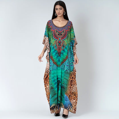 Green Tribal Print Embellished Silk Full Length Kaftan