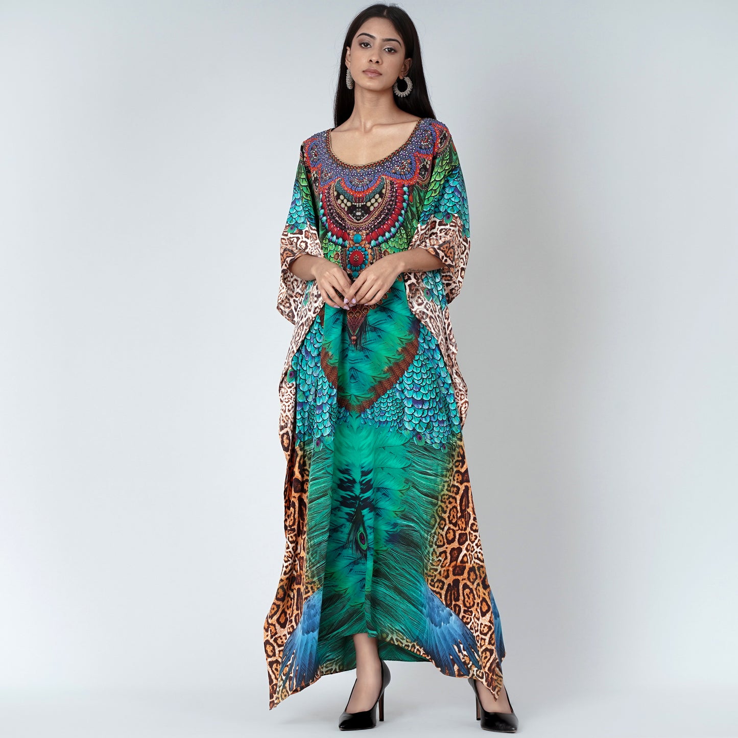 Green Tribal Print Embellished Silk Full Length Kaftan