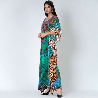 Green Tribal Print Embellished Silk Full Length Kaftan