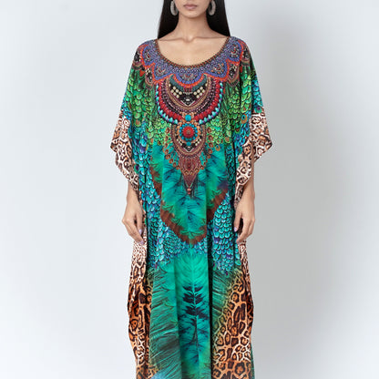 Green Tribal Print Embellished Silk Full Length Kaftan