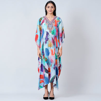 Multicoloured Feather Print Embellished Silk Full Length Kaftan