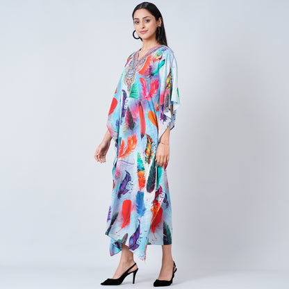 Multicoloured Feather Print Embellished Silk Full Length Kaftan
