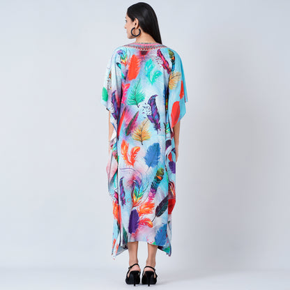 Multicoloured Feather Print Embellished Silk Full Length Kaftan