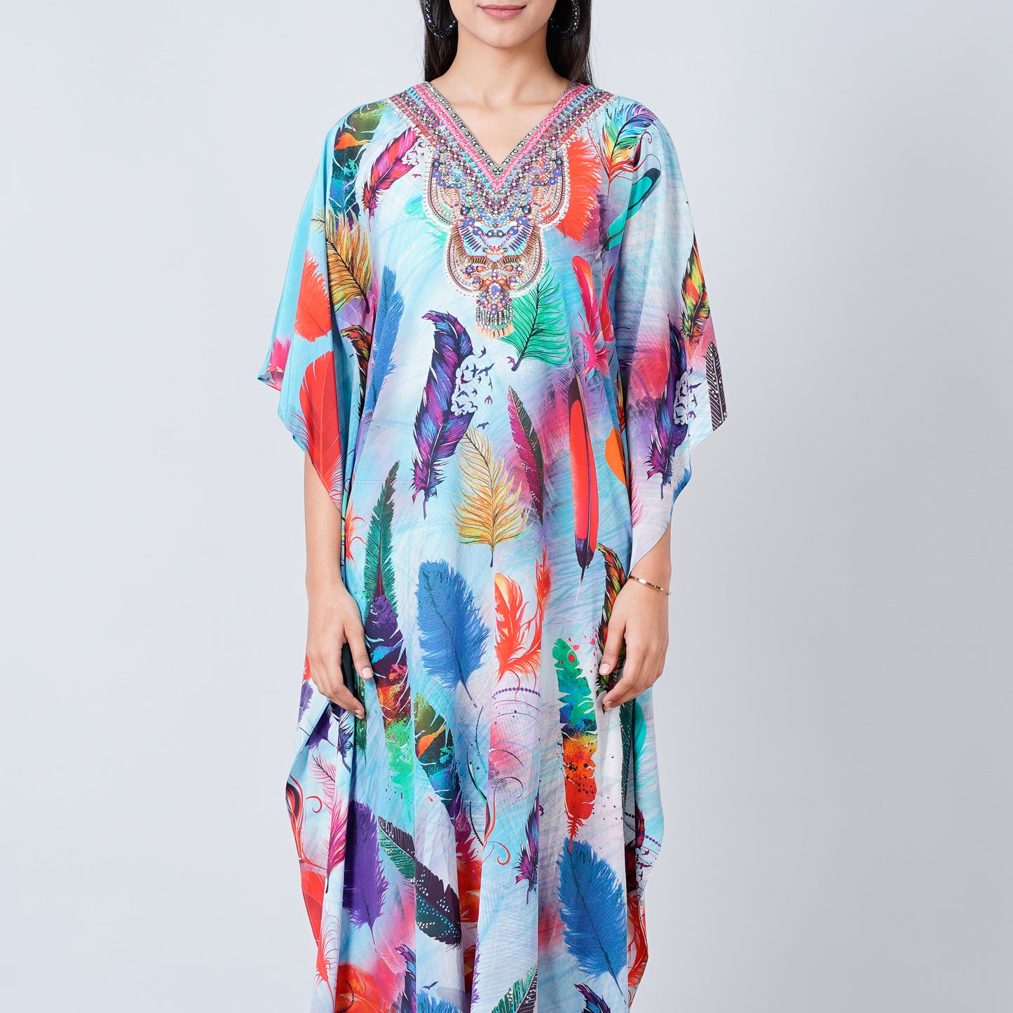 Multicoloured Feather Print Embellished Silk Full Length Kaftan