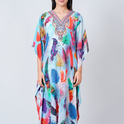 Multicoloured Feather Print Embellished Silk Full Length Kaftan