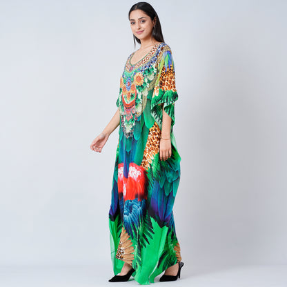 Green and Blue Tribal Embellished Silk Full Length Kaftan