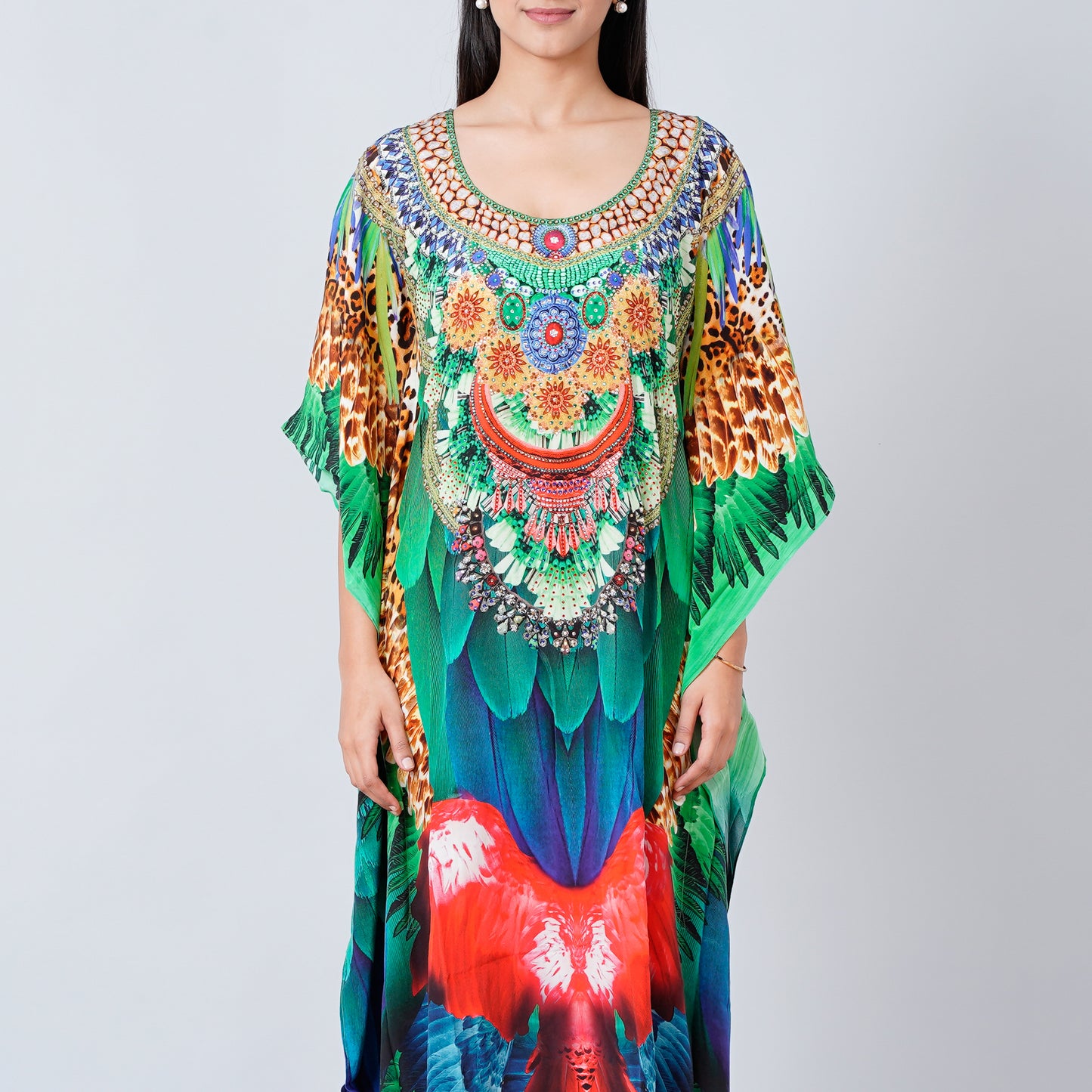Green and Blue Tribal Embellished Silk Full Length Kaftan