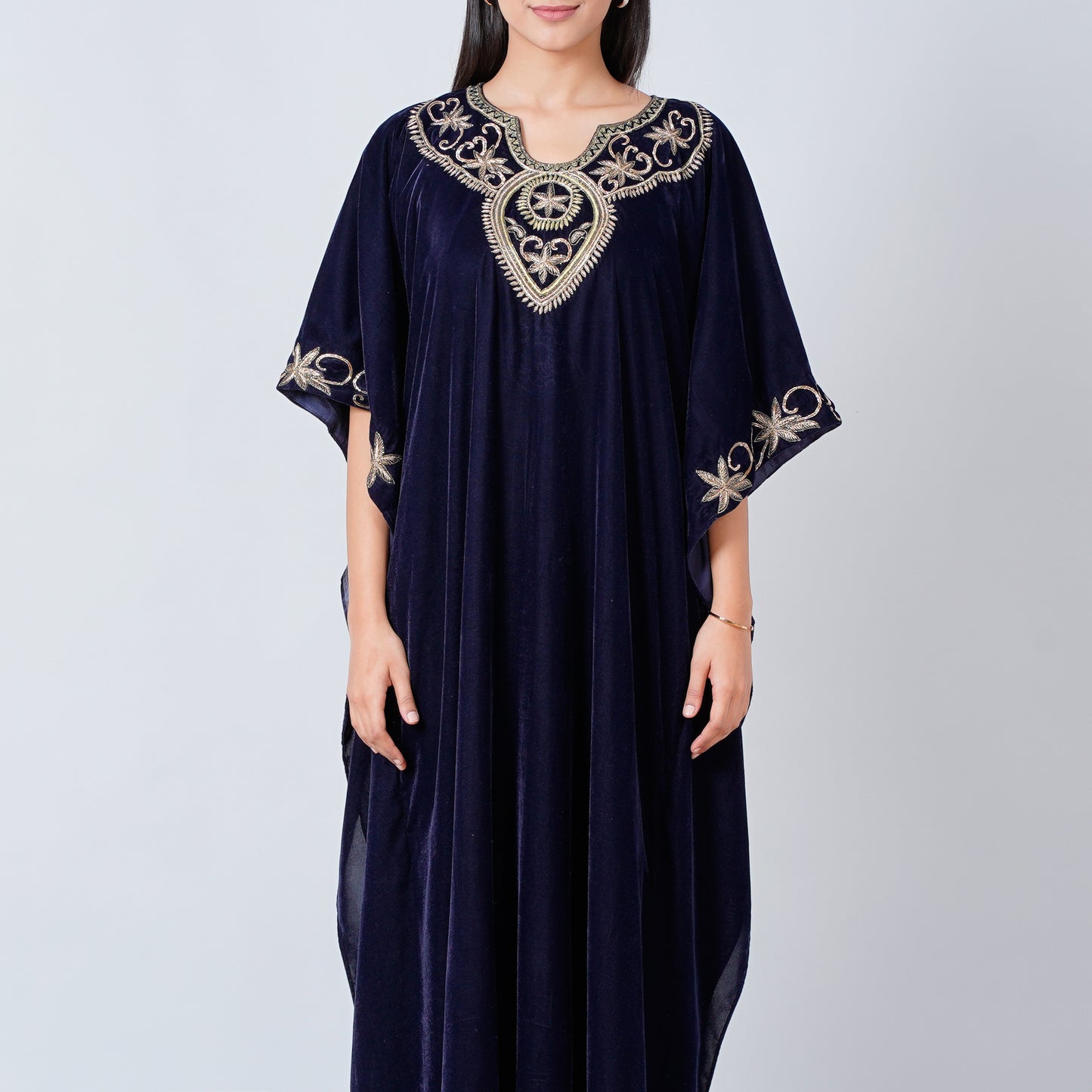 Blue Gold Embroidered Silk Velvet Full Length Kaftan