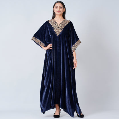 Blue Embroidered Silk Velvet Full Length Kaftan