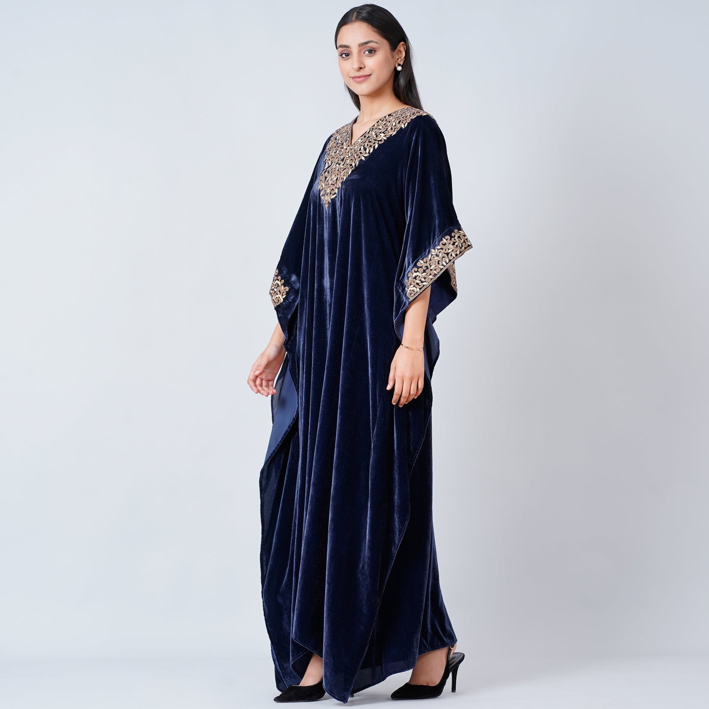 Blue Embroidered Silk Velvet Full Length Kaftan