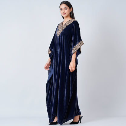 Blue Embroidered Silk Velvet Full Length Kaftan
