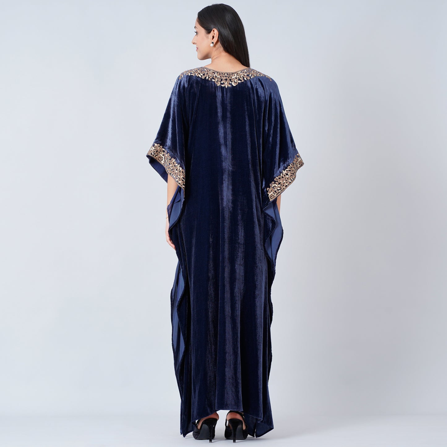 Blue Embroidered Silk Velvet Full Length Kaftan