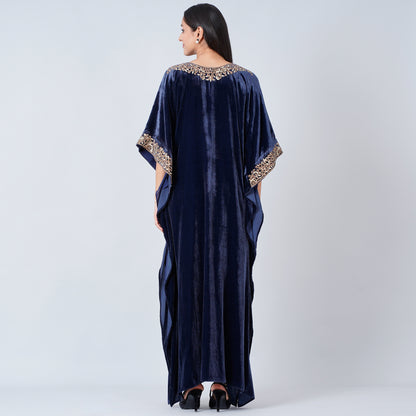 Blue Embroidered Silk Velvet Full Length Kaftan