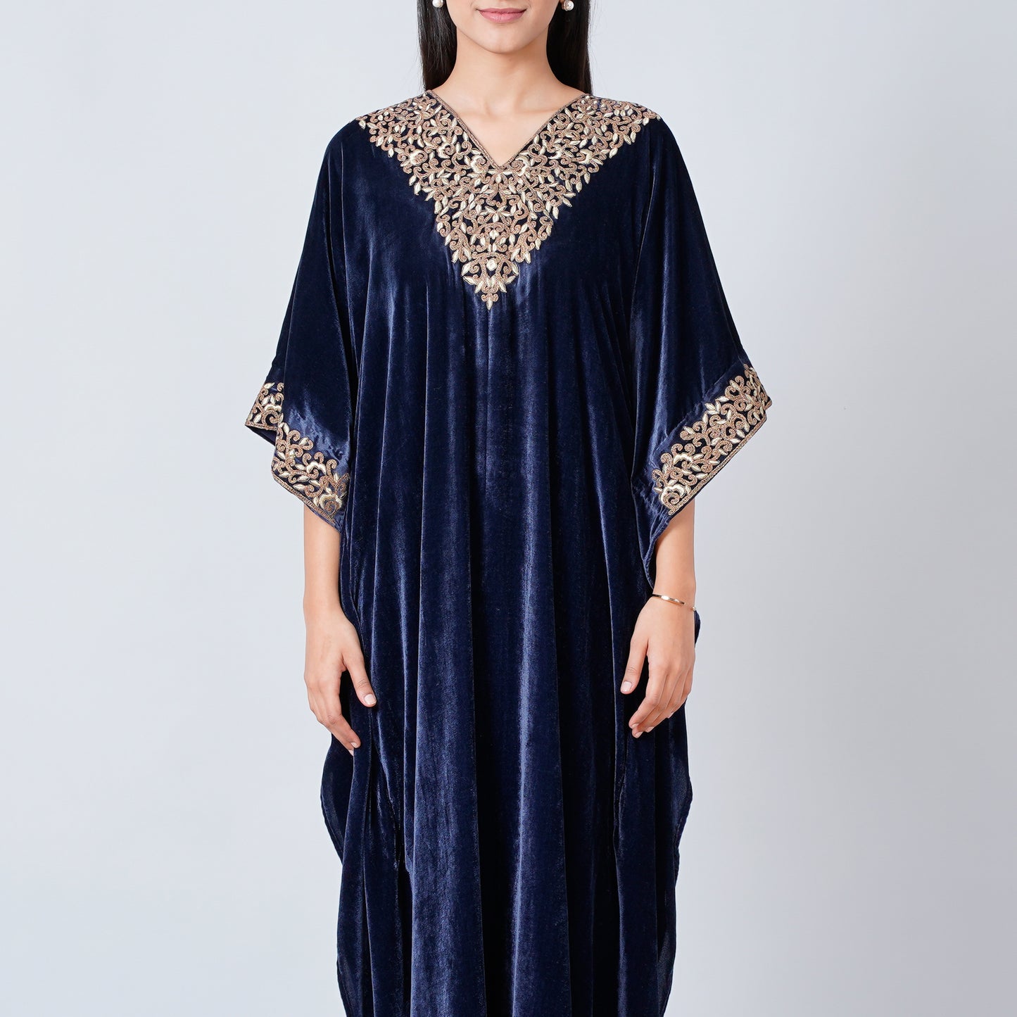 Blue Embroidered Silk Velvet Full Length Kaftan