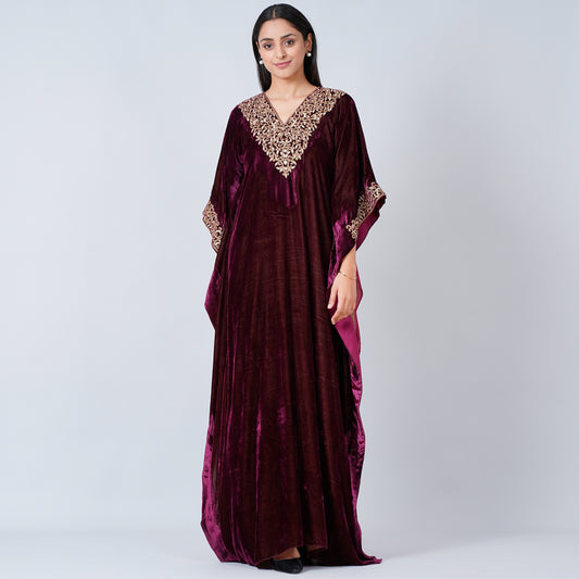 Maroon Embroidered Silk Velvet Full Length Kaftan