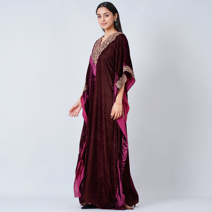 Maroon Embroidered Silk Velvet Full Length Kaftan