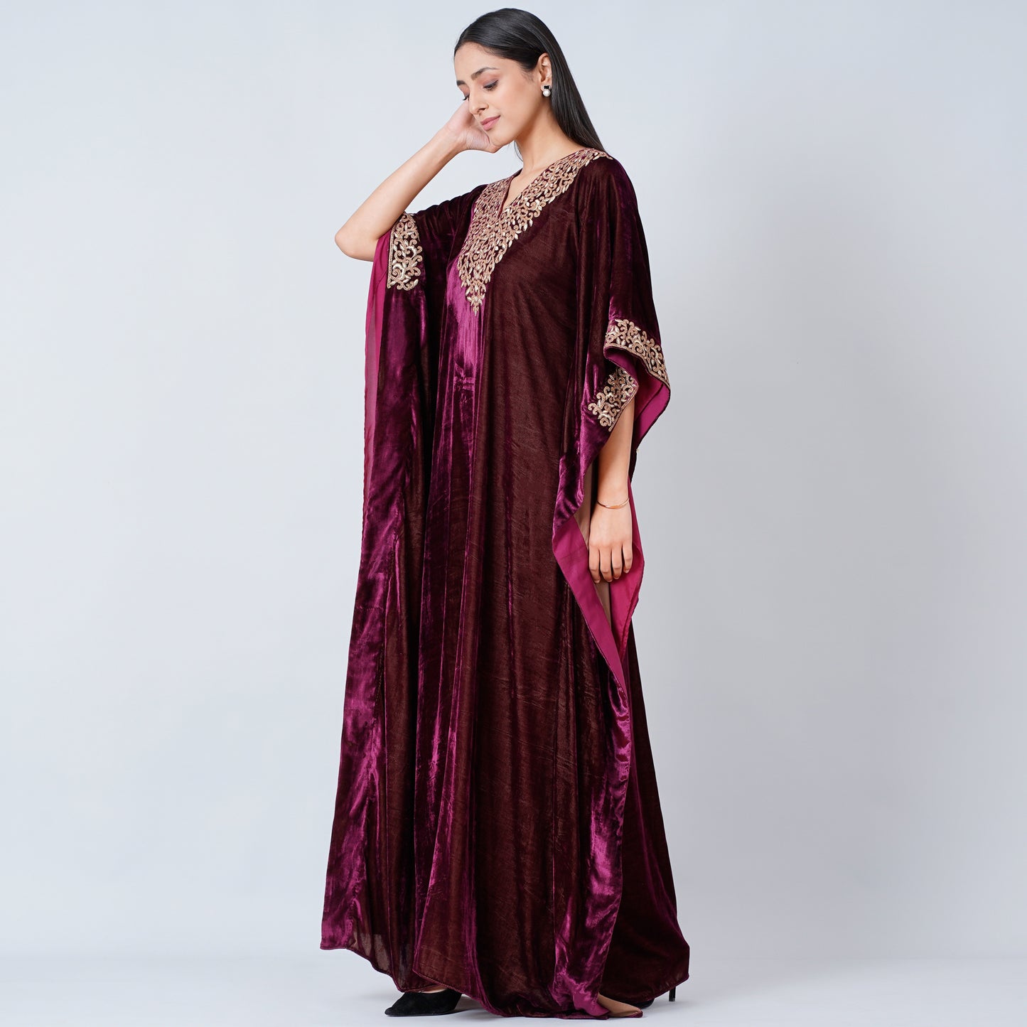 Maroon Embroidered Silk Velvet Full Length Kaftan