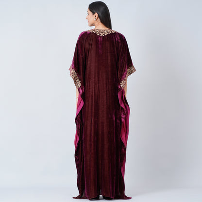 Maroon Embroidered Silk Velvet Full Length Kaftan