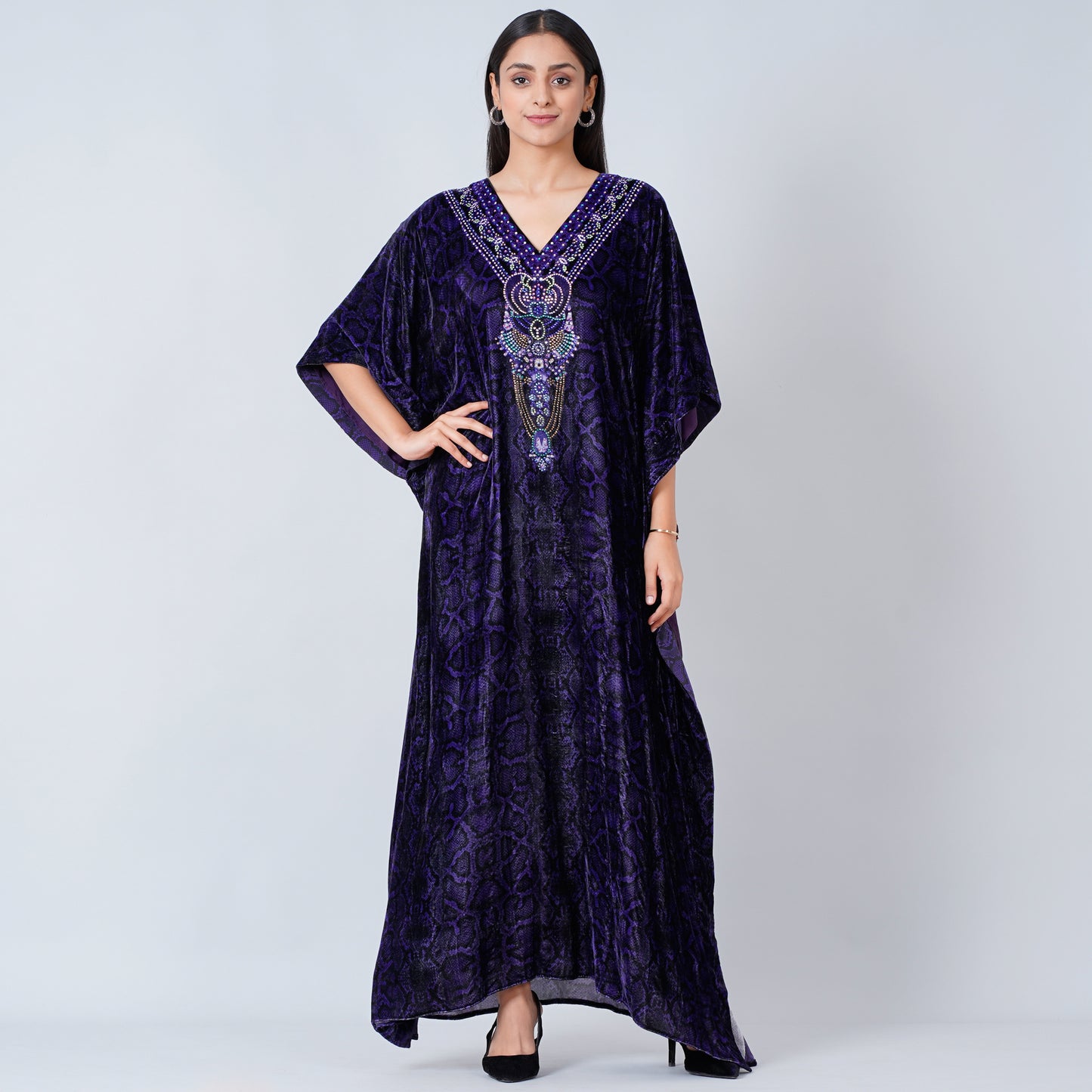 Purple Crystal Embellished Silk Velvet Full Length Kaftan