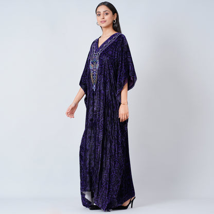 Purple Crystal Embellished Silk Velvet Full Length Kaftan