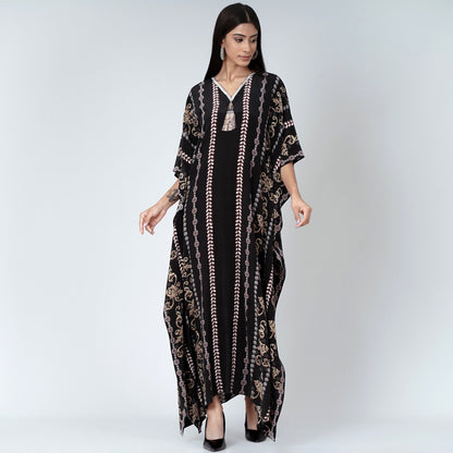 Black and Grey Silk Full Length Kaftan