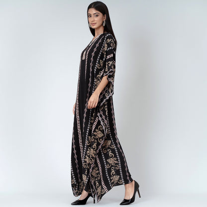 Black and Grey Silk Full Length Kaftan
