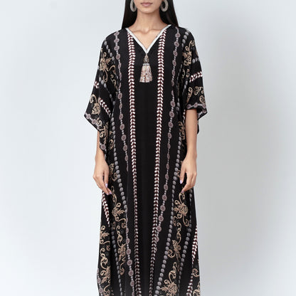 Black and Grey Silk Full Length Kaftan