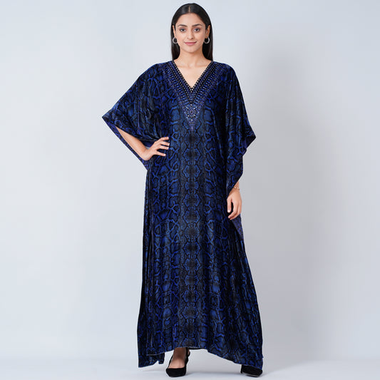 Blue Animal Print Embellished Silk Velvet Full Length Kaftan