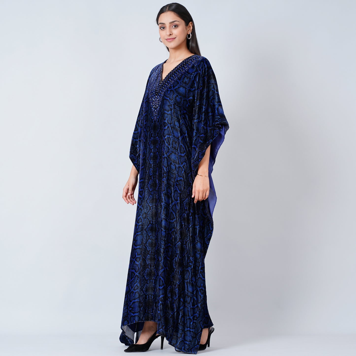 Blue Animal Print Embellished Silk Velvet Full Length Kaftan