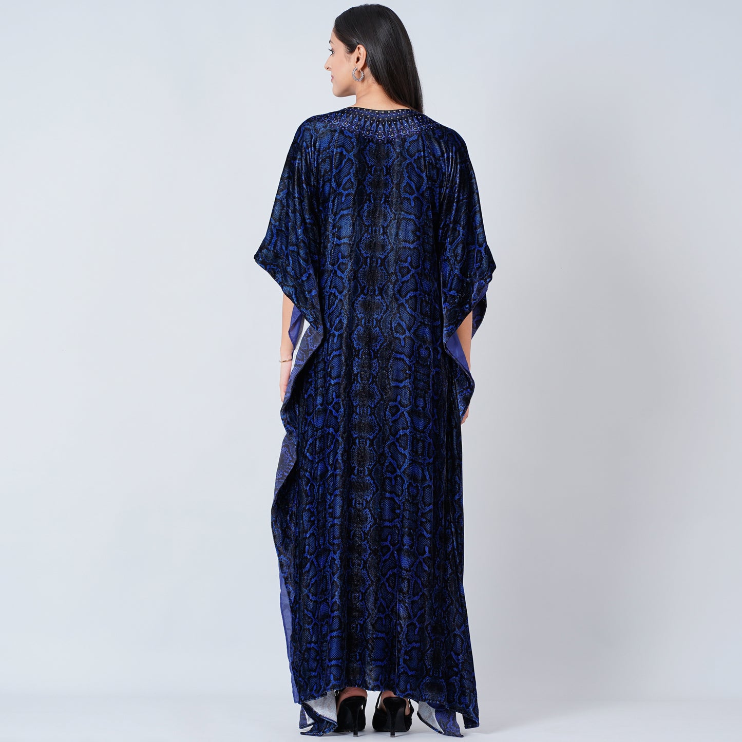 Blue Animal Print Embellished Silk Velvet Full Length Kaftan