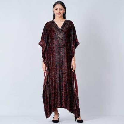 Brown Animal Print Embellished Silk Velvet Full Length Kaftan