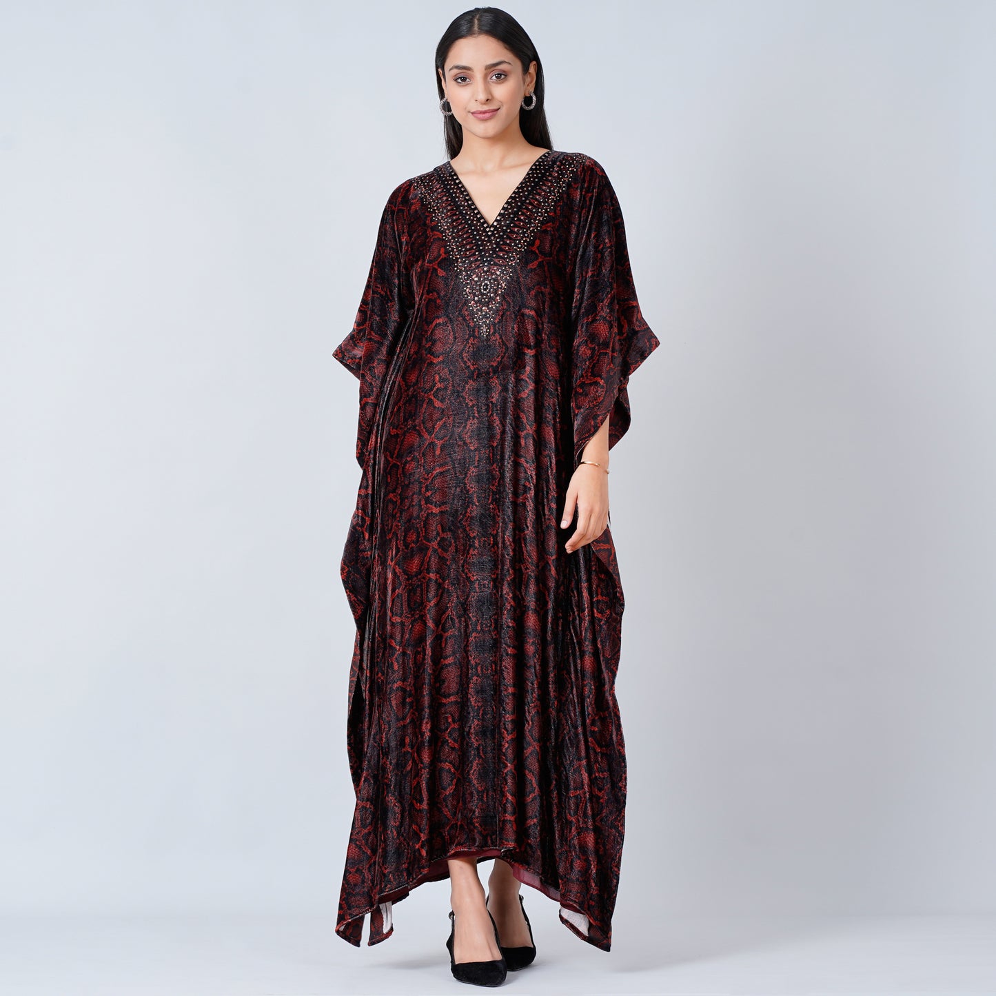Brown Animal Print Embellished Silk Velvet Full Length Kaftan