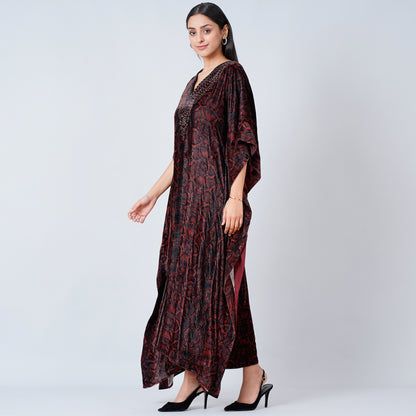 Brown Animal Print Embellished Silk Velvet Full Length Kaftan