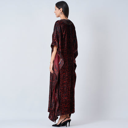Brown Animal Print Embellished Silk Velvet Full Length Kaftan