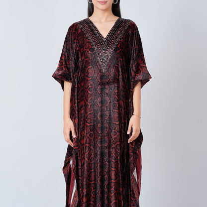 Brown Animal Print Embellished Silk Velvet Full Length Kaftan