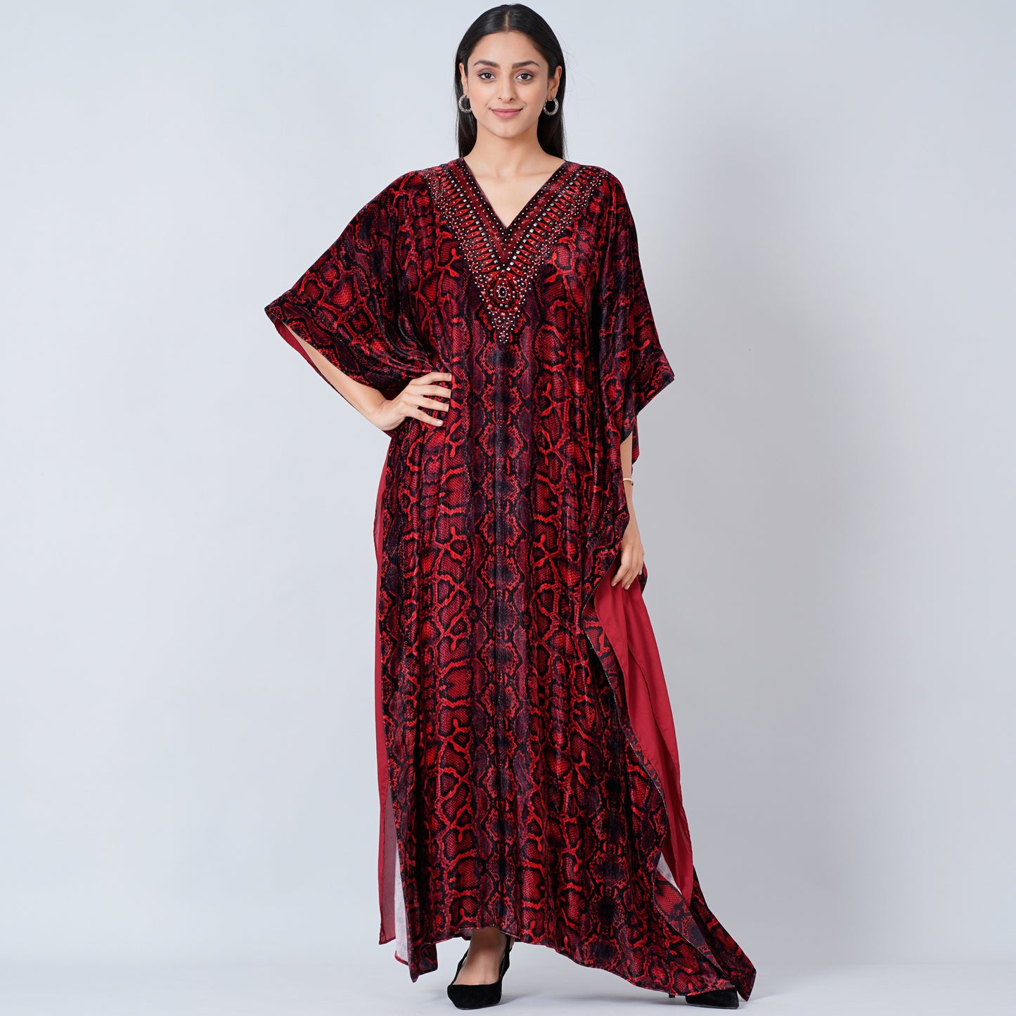 Red Animal Print Embellished Silk Velvet Full Length Kaftan