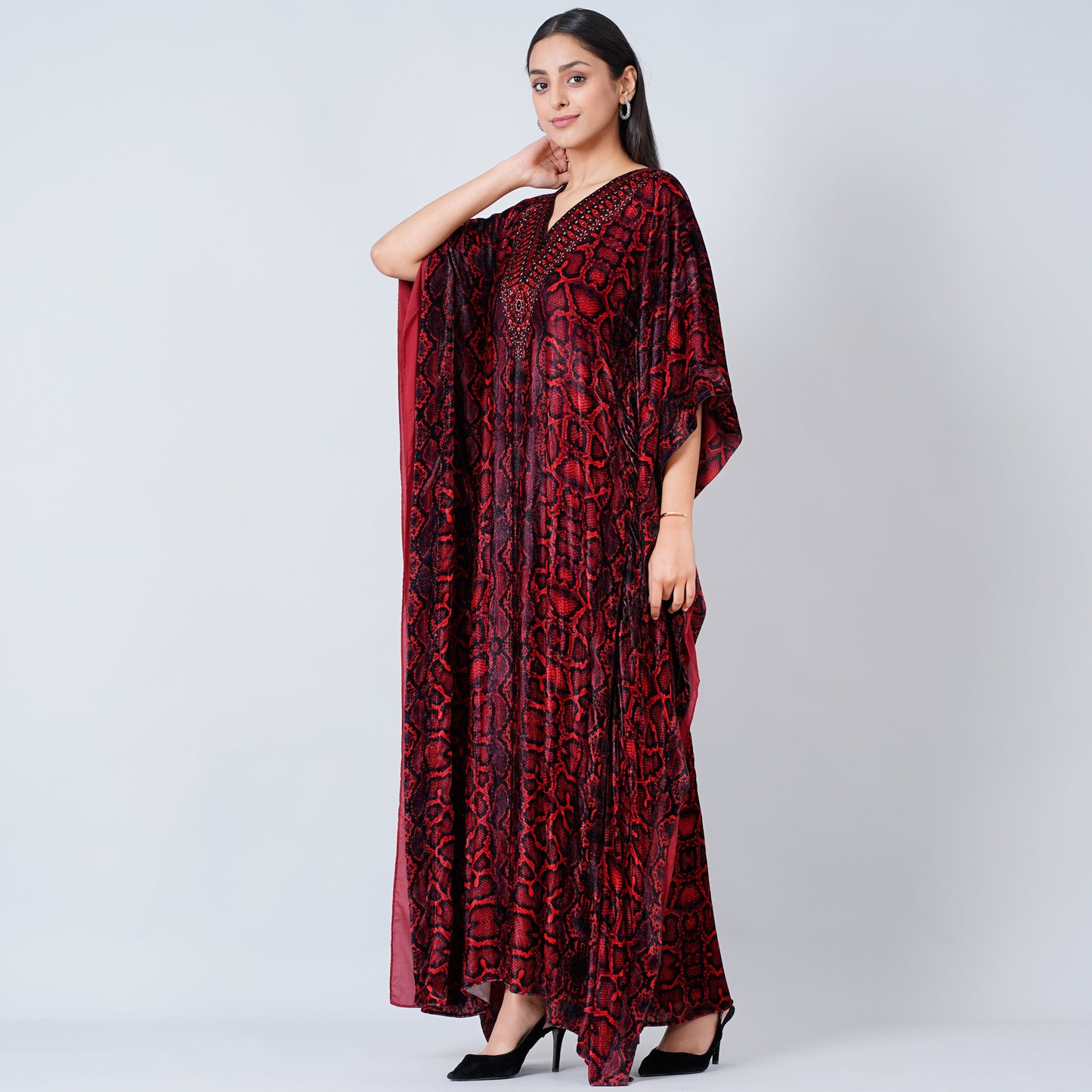 Red Animal Print Embellished Silk Velvet Full Length Kaftan
