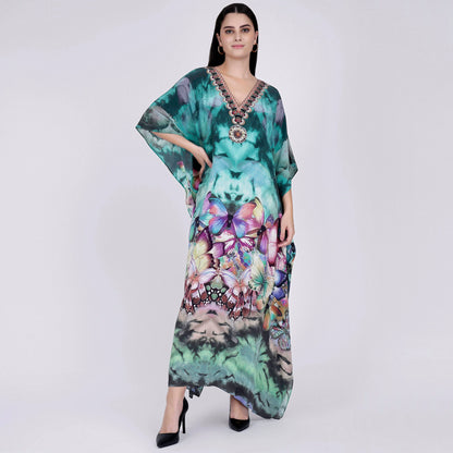 Multicoloured Embellished Silk Full Length Kaftan