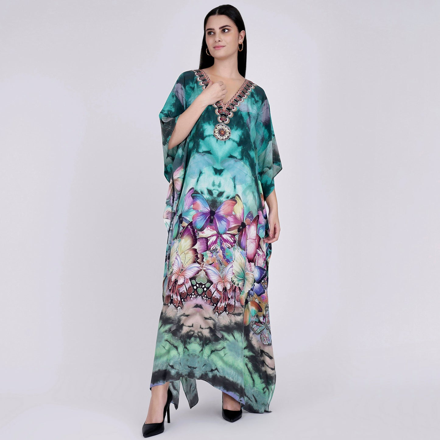 Multicoloured Embellished Silk Full Length Kaftan