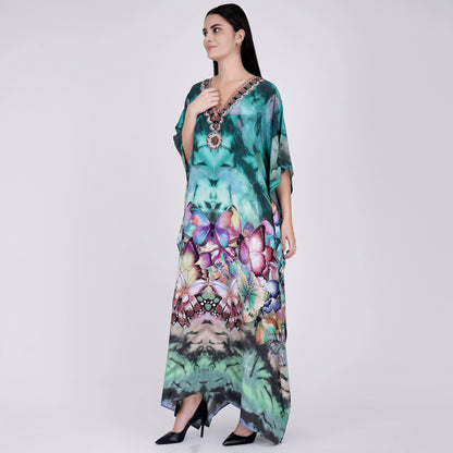 Multicoloured Embellished Silk Full Length Kaftan