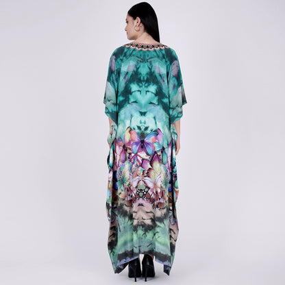 Multicoloured Embellished Silk Full Length Kaftan
