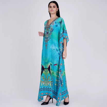 Blue Embellished Silk Full Length Kaftan