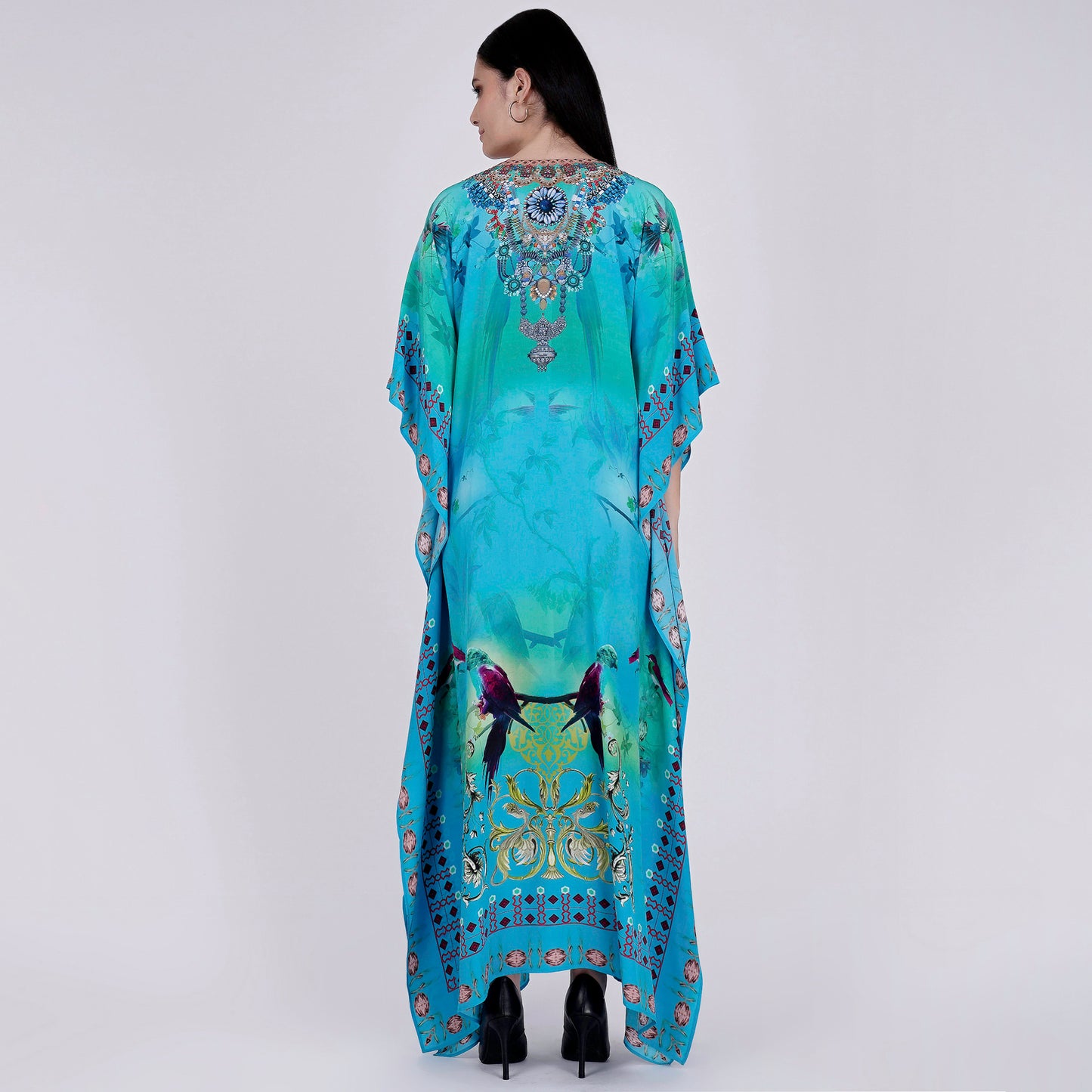 Blue Embellished Silk Full Length Kaftan