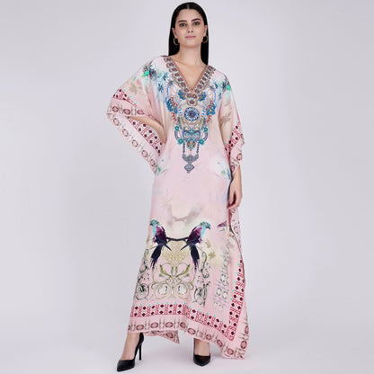 Pink Embellished Silk Full Length Kaftan