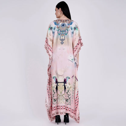 Pink Embellished Silk Full Length Kaftan