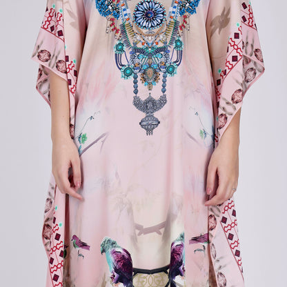 Pink Embellished Silk Full Length Kaftan